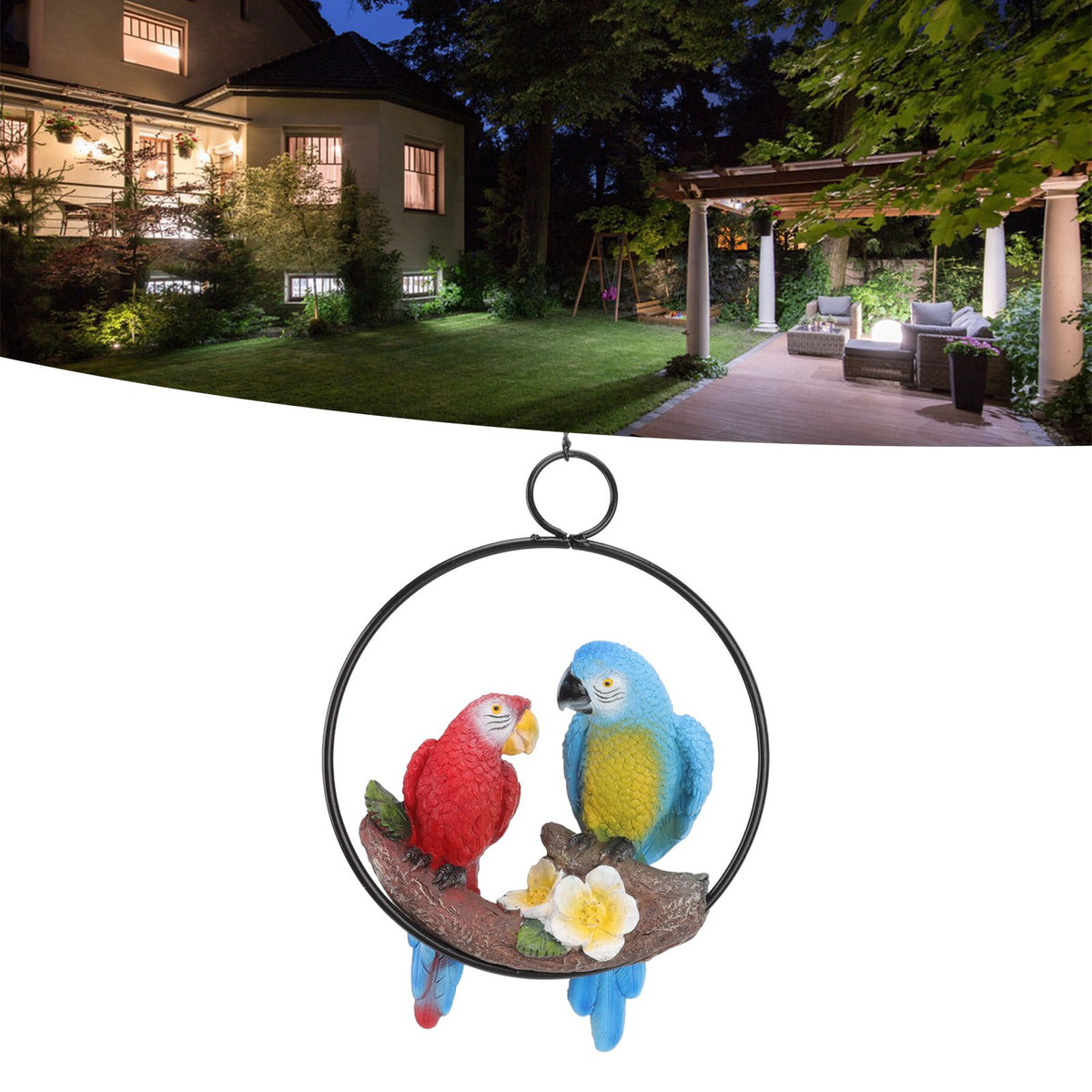 Garden Iron Ring Parrot Pendant Resin Bird Model Crafts Courtyard Balcony Decorations Small Red Blue Macaw