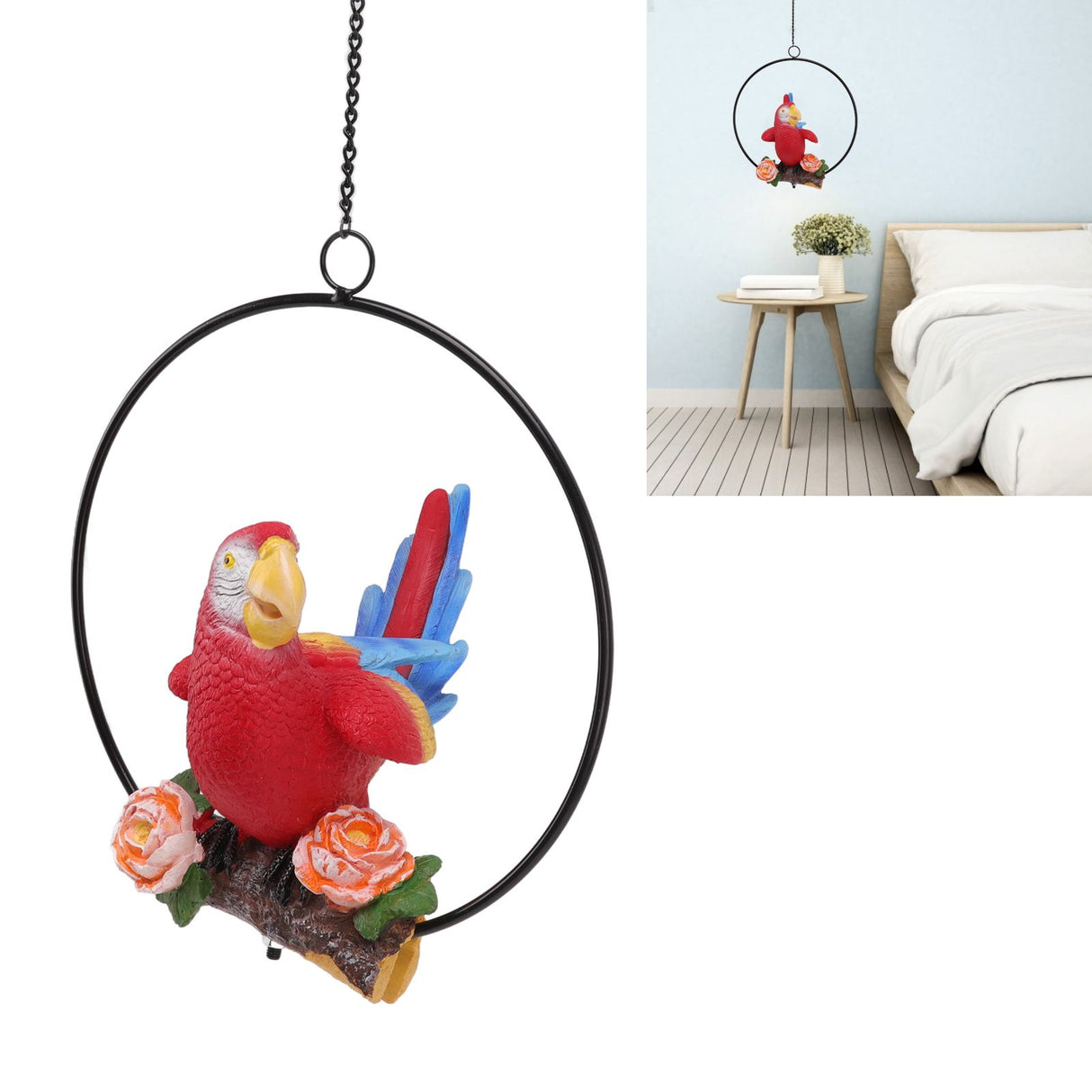 Hanging Iron Ring Parrots Resin Waterproof Exquisite Garden Hanging Parrot Statue Decor for Courtyard Balcony