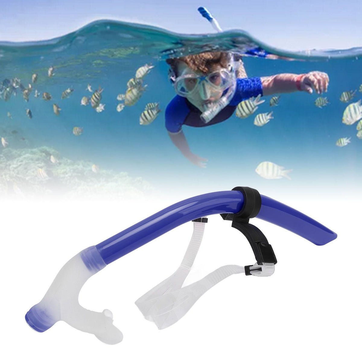 Swimming Snorkel Reduced Drag Silicone Swimming Breathing Tube with Adjustable Head Brace for Snorkeling Diving Royalblue