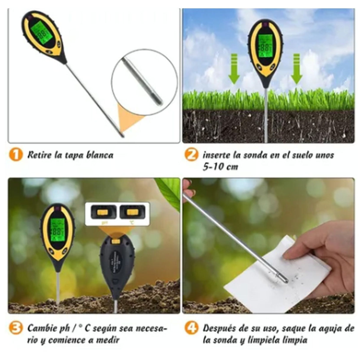4 In 1 Soil Meter Temperature Sunlight Moisture PH Soil Tester for Family Orchard Agriculture Rice Vegetable Cultivation