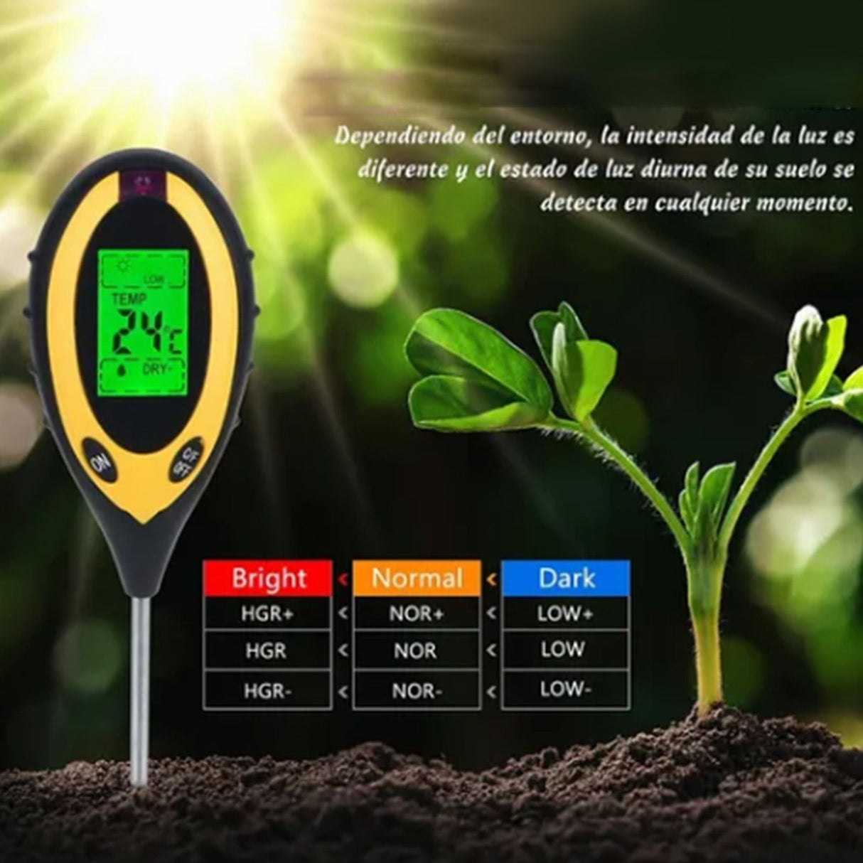 4 In 1 Soil Meter Temperature Sunlight Moisture PH Soil Tester for Family Orchard Agriculture Rice Vegetable Cultivation