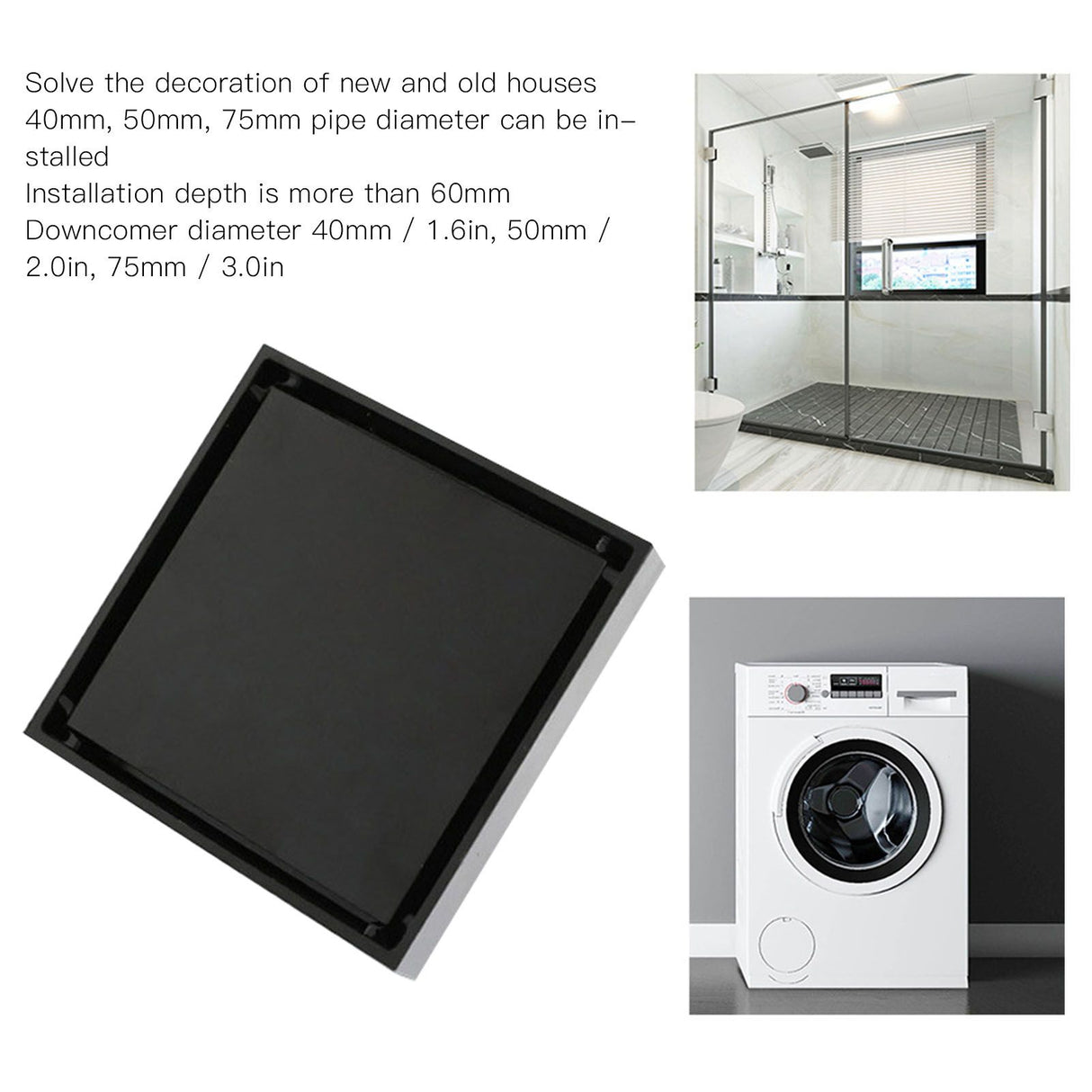 4 Inch Square Invisible Shower Drain Stainless Steel Anti Odor Bathroom Floor Drain 1.3mm Tileable Black