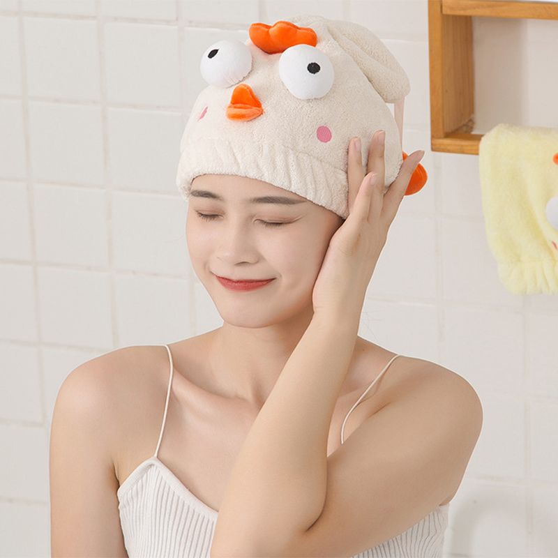 Hair Drying Caps Ultra Absorbent Microfiber Shower Wrap Towels Soft Cute Cartoon Quick Drying Bath Hat for Wet Long Thick Hair Beige Chicken