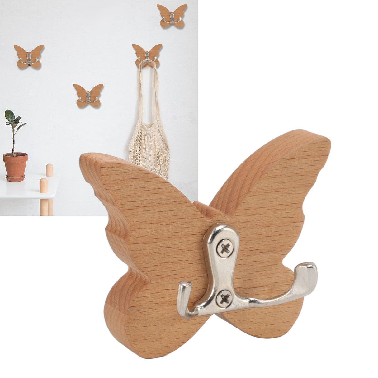 Wooden Butterfly Wall Hook Wood Wall Mounted Hanger for Coat Clothes Hat Towel
