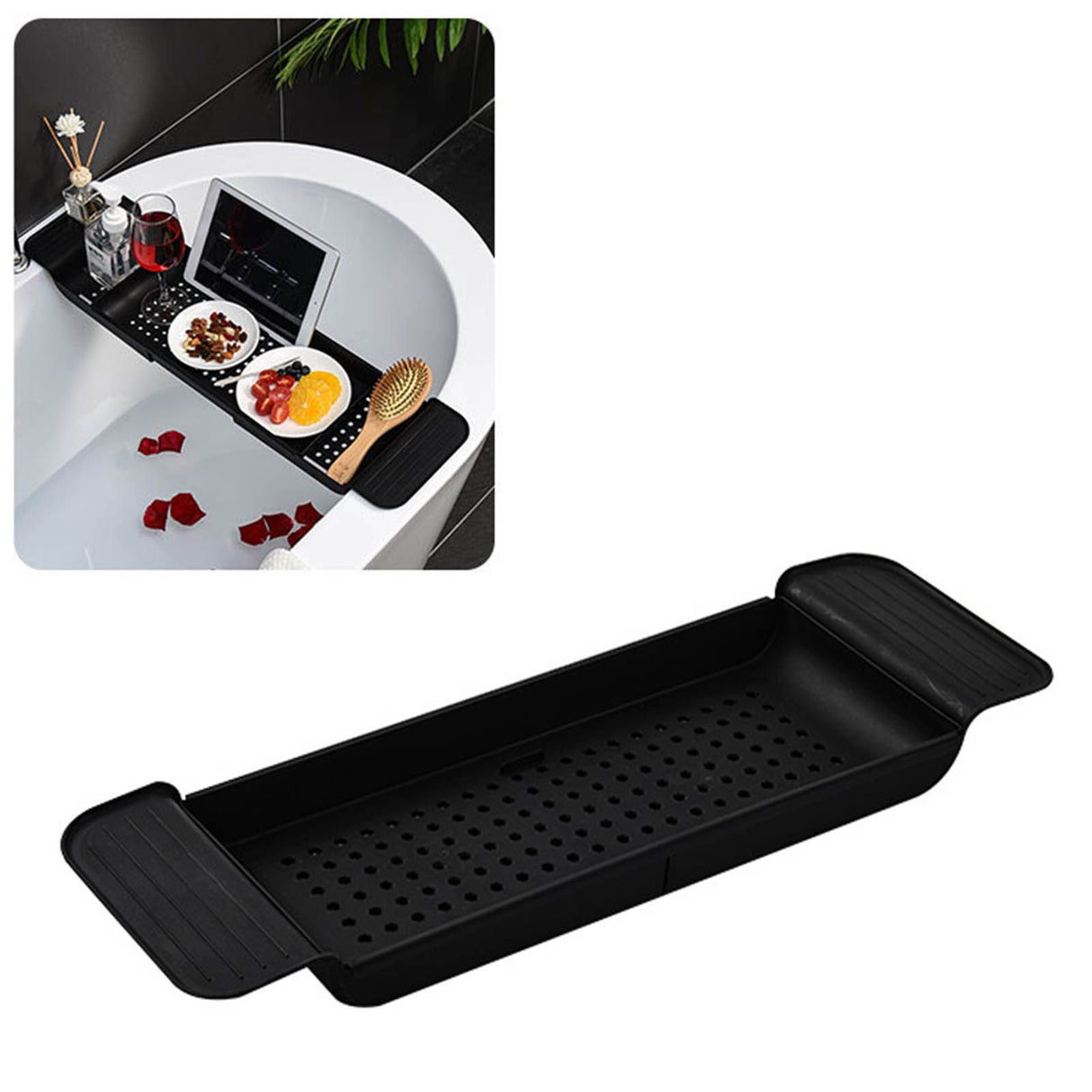 Bathtub Tray Stable Placement Expandable Plastic Material Draining Design Bath Caddy Tub Table for Bathroom Black