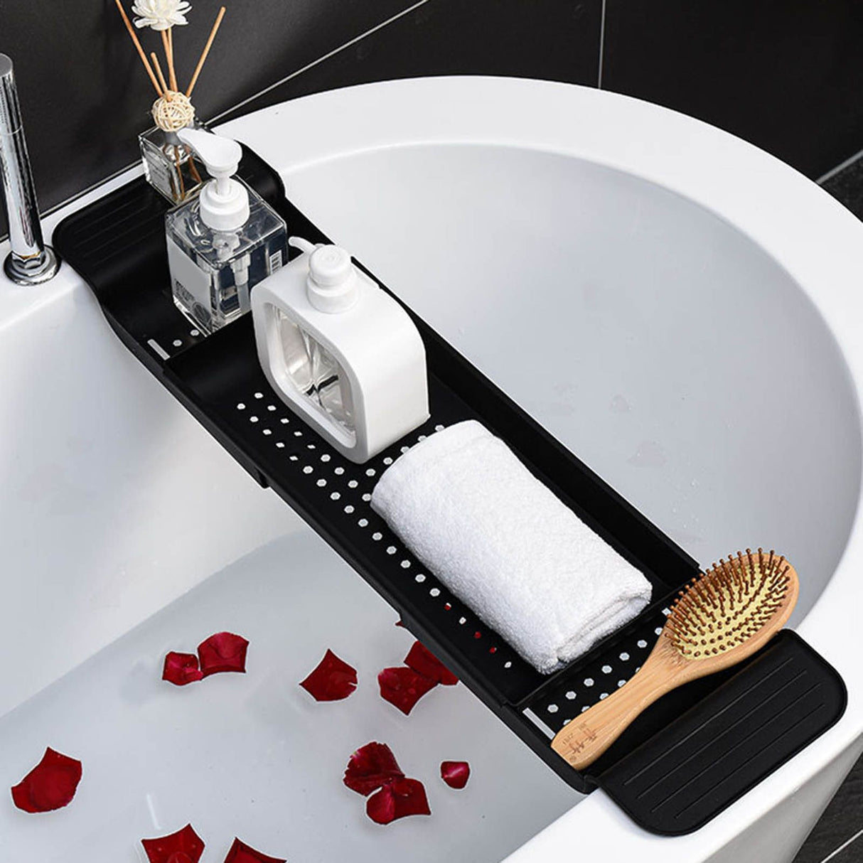 Bathtub Tray Stable Placement Expandable Plastic Material Draining Design Bath Caddy Tub Table for Bathroom Black