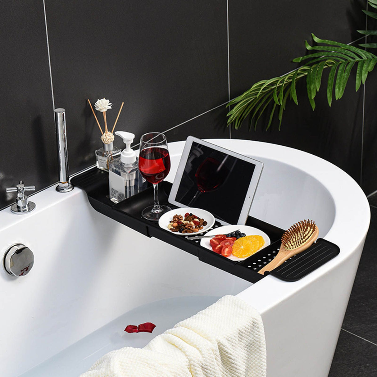 Bathtub Tray Stable Placement Expandable Plastic Material Draining Design Bath Caddy Tub Table for Bathroom Black