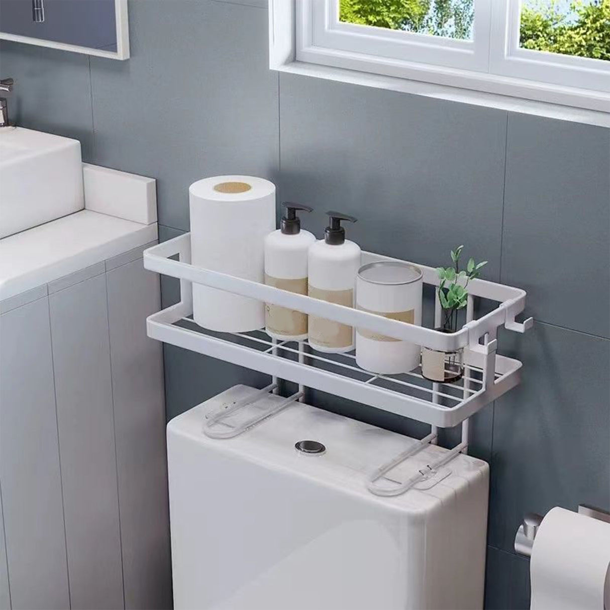 Toilet Shelf Thickening Waterproof Large Capacity Nail Free Installation Iron Over Toilet Bathroom Organizer Single Layer White