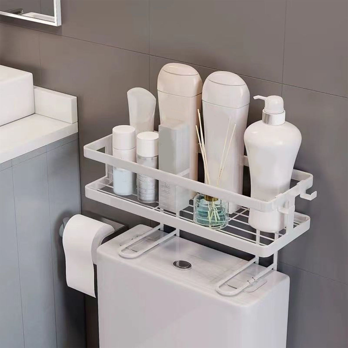Toilet Shelf Thickening Waterproof Large Capacity Nail Free Installation Iron Over Toilet Bathroom Organizer Single Layer White