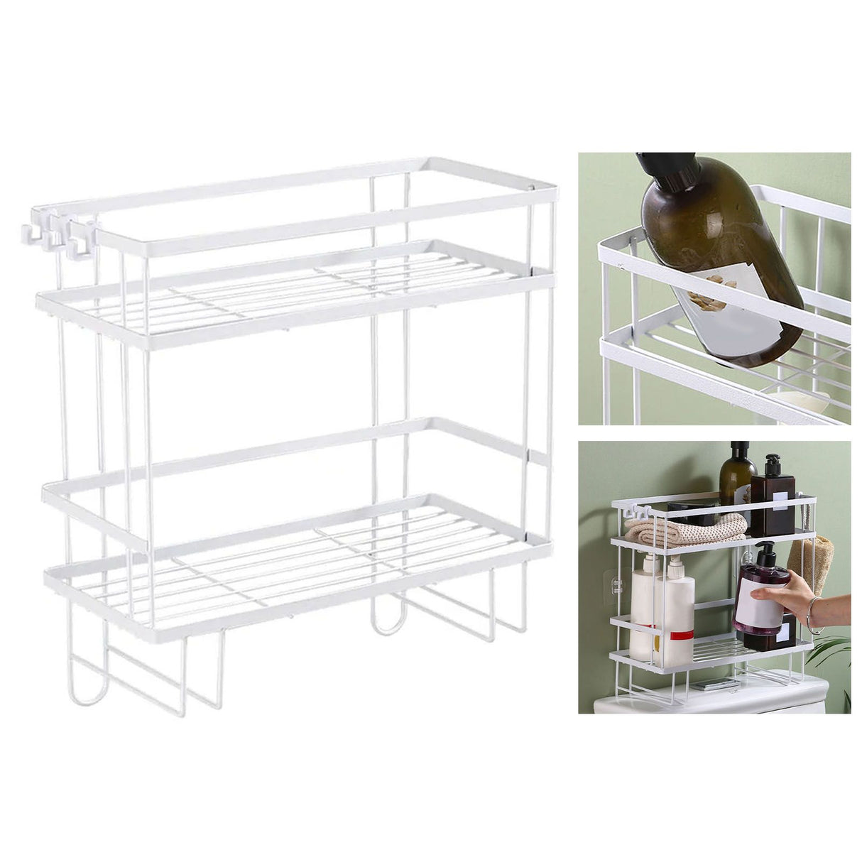 Toilet Shelf Thickening Waterproof Large Capacity Nail Free Installation Iron Over Toilet Bathroom Organizer Double Layer White