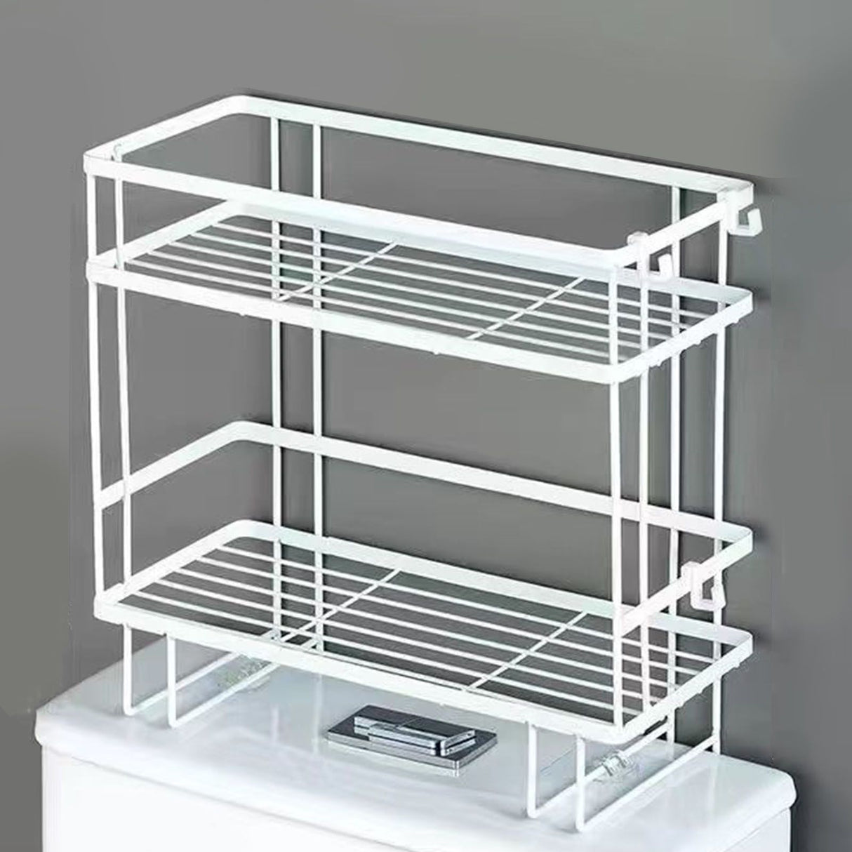 Toilet Shelf Thickening Waterproof Large Capacity Nail Free Installation Iron Over Toilet Bathroom Organizer Double Layer White
