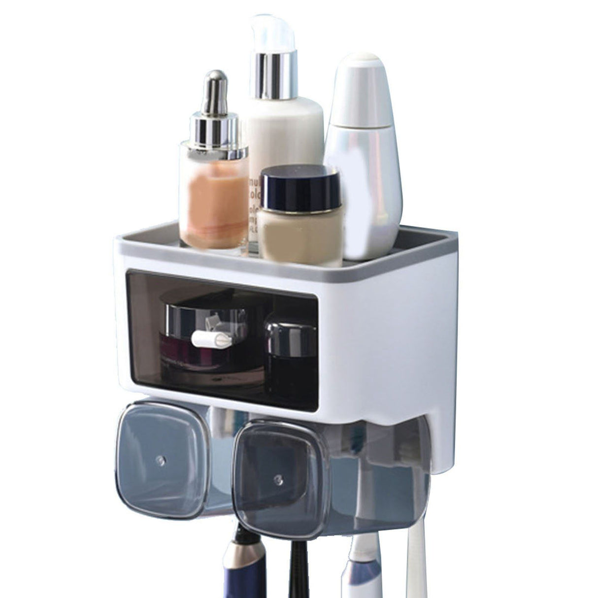 Toothbrush Shelf Punch Free Wall Mounted Mouthwash Cup Holder Toilet Storage Rack White 2 Cups