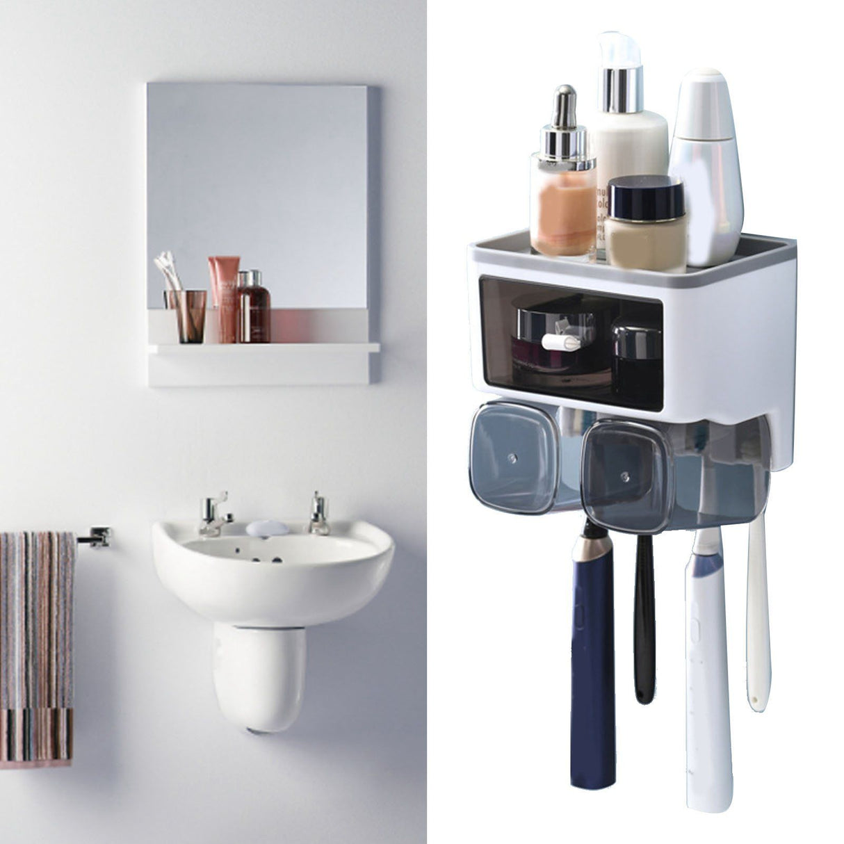 Toothbrush Shelf Punch Free Wall Mounted Mouthwash Cup Holder Toilet Storage Rack White 2 Cups