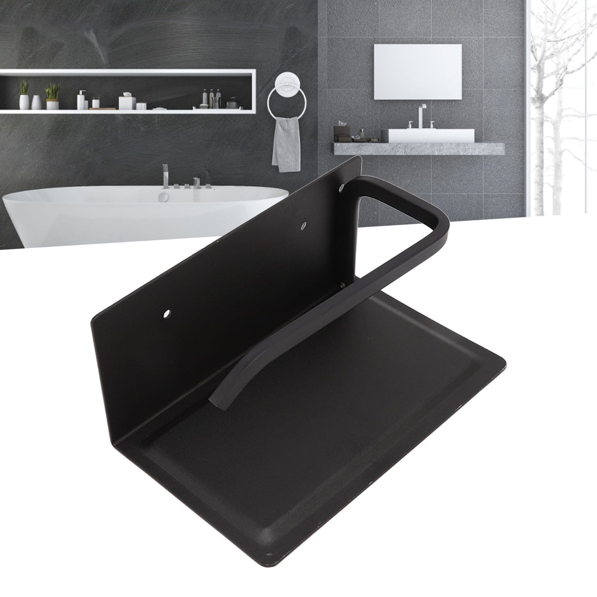 Wall Mounted Tissue Holder Toilet Tissue Bracket Bathroom Paper Roll Hanger with Phone Shelf Black