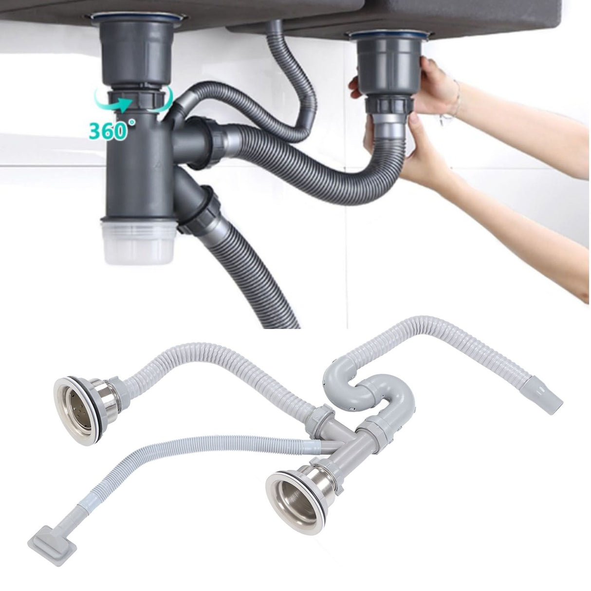 Kitchen Sink Drainer Pipe Stainless Steel S Bent with Double Drains Sewer Pipe Set for Bathroom Home