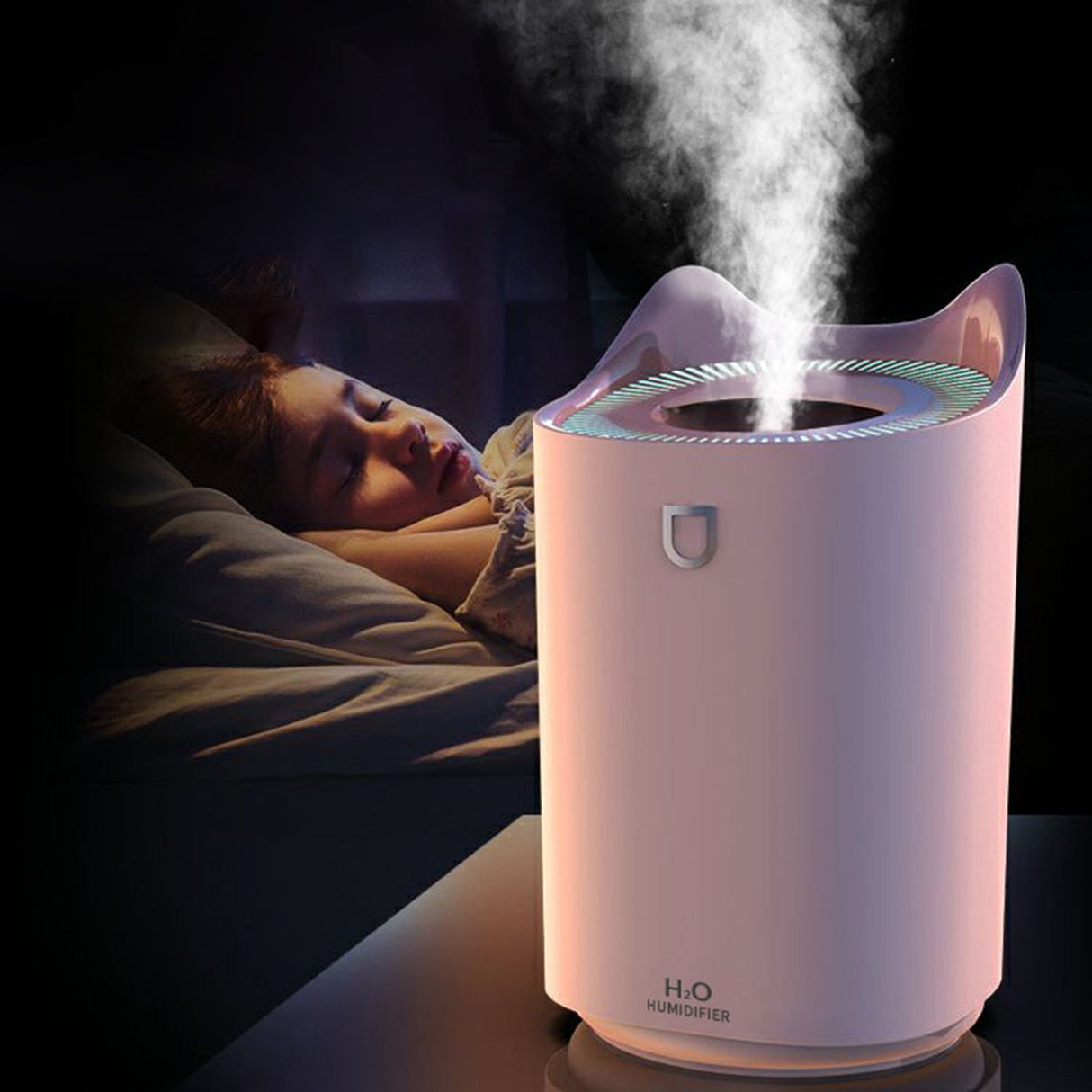 2L Air Humidifier USB Deep Hydration Fine Spout Multifunction Desk Humidifier Ambient Light for Office Pink