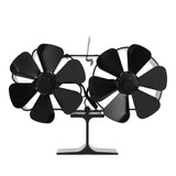 6 Blades Heat Powered Stove Fan Dual Head Fireplace Fan Home Non Electric Fan Black - Front View