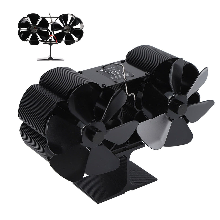 6 Blades Heat Powered Stove Fan Dual Head Fireplace Fan Home Non Electric Fan Black