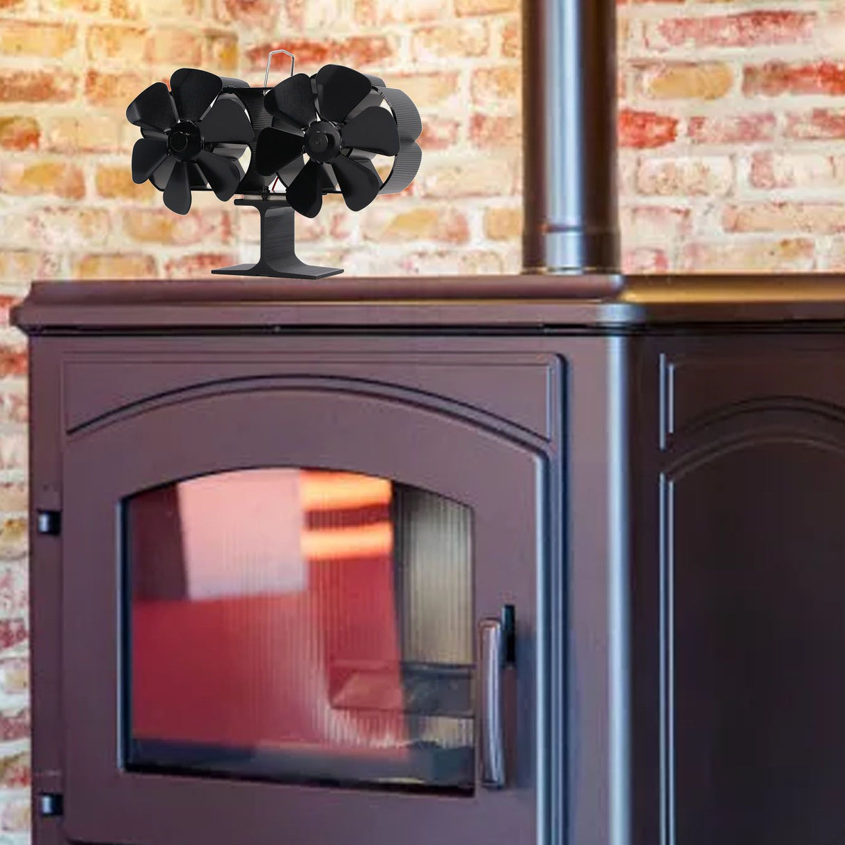 6 Blades Heat Powered Stove Fan Dual Head Fireplace Fan Home Non Electric Fan Black