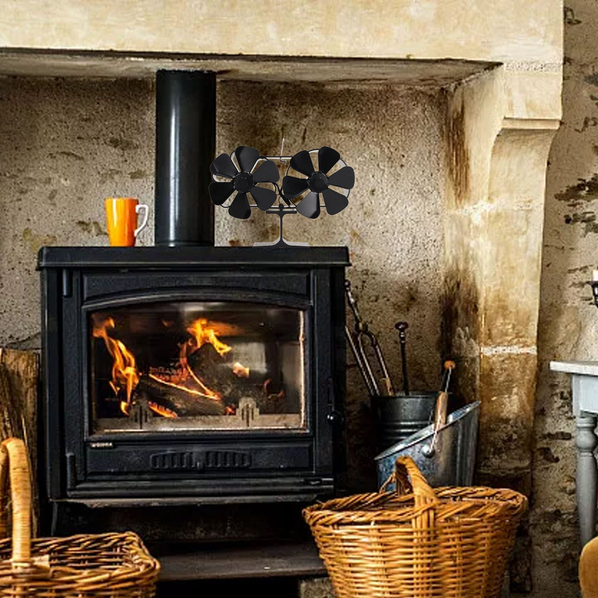 6 Blades Heat Powered Stove Fan Dual Head Fireplace Fan Home Non Electric Fan Black