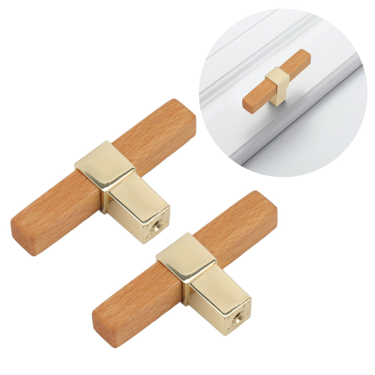 2 Pcs Wooden Cabinet Pulls Single Hole Door Pull Handle Knobs For Kitchen Drawer Cupboard Closet Golden