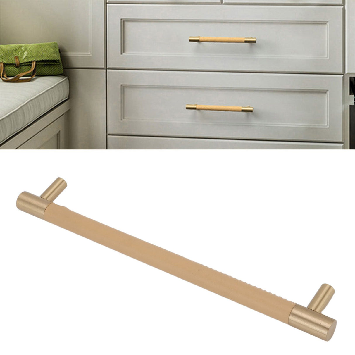 Cabinet Door Handle 224MM Hole Pitch Leather Brass Light Luxury Cupboard Bar Pull Handle for Home Wardrobe Drawer Beige