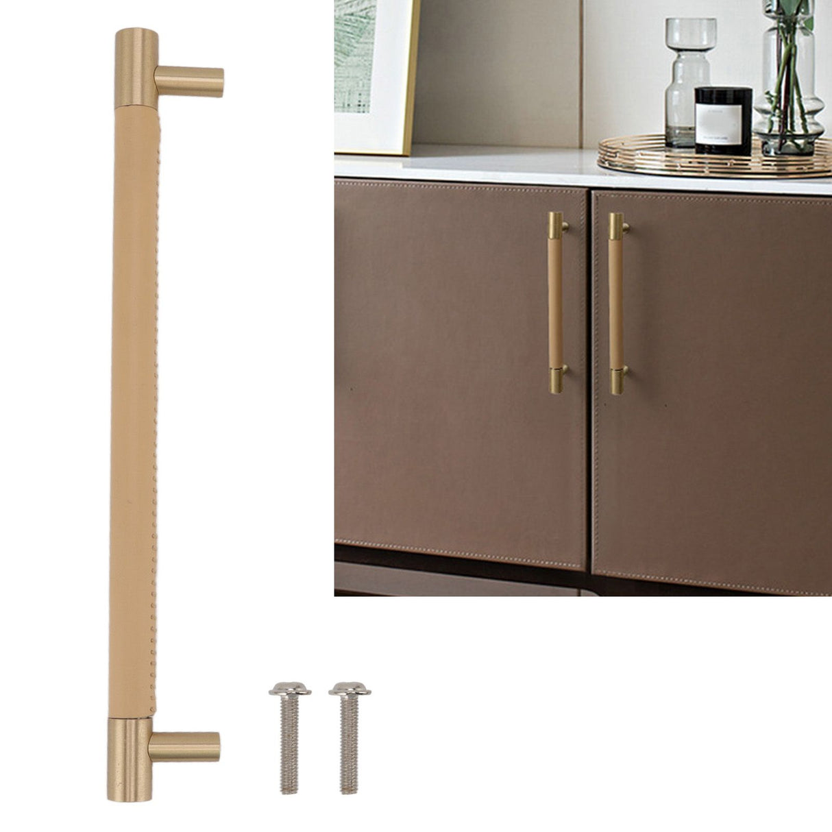 Cabinet Door Handle 224MM Hole Pitch Leather Brass Light Luxury Cupboard Bar Pull Handle for Home Wardrobe Drawer Beige