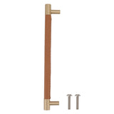 Cabinet Door Handle 224MM Hole Pitch Leather Brass Light Luxury Cupboard Bar Pull Handle for Home Wardrobe Drawer Light Brown