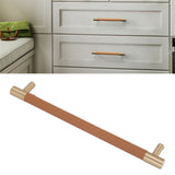 Cabinet Door Handle 224MM Hole Pitch Leather Brass Light Luxury Cupboard Bar Pull Handle for Home Wardrobe Drawer Light Brown