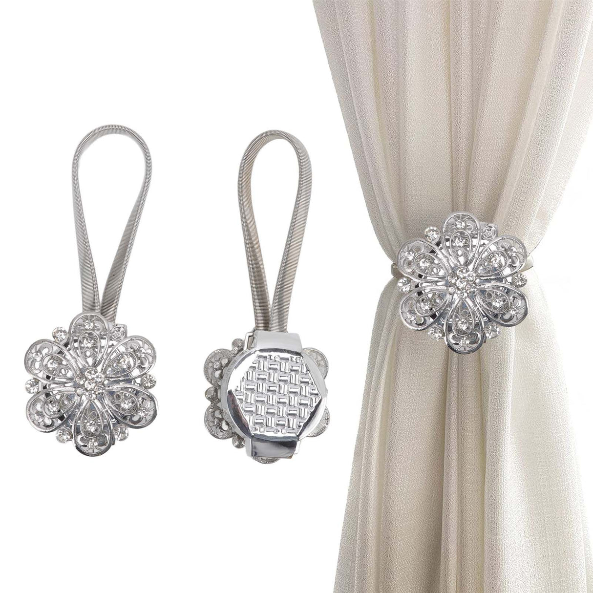 2Pcs Crystal Curtain Magnetic Tieback Stainless Steel Elegant Flower Curtain Clips Buckle for Living Room Bedroom