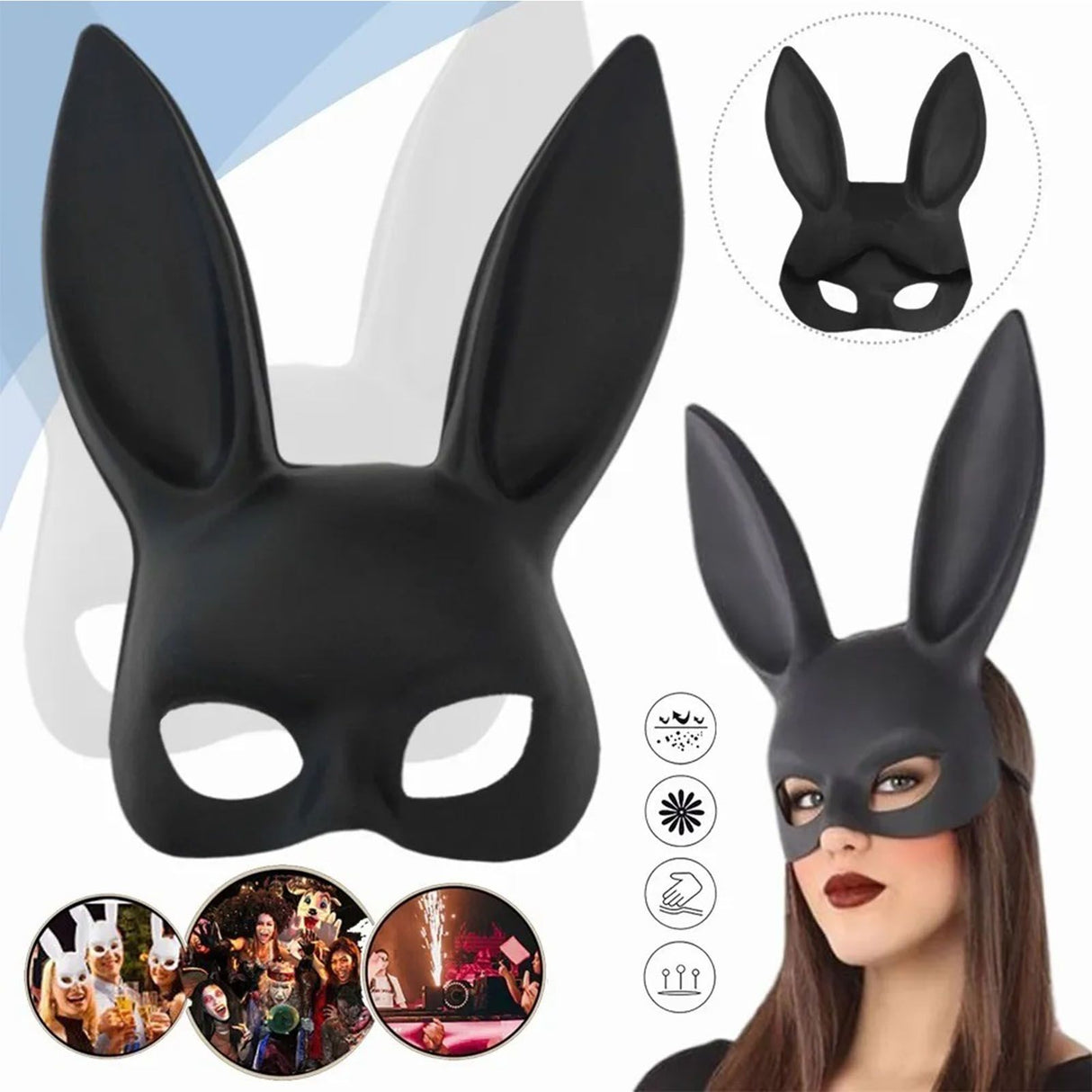 Rabbit Ears Mask Half Face Environmental Protection PVC Masquerade Mask for Parties Costume Matte Black