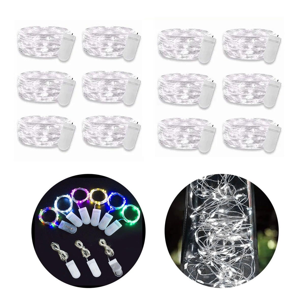 12PCS 0.03W Button String Lights Cold White Light 20 LED 3V Flexible IP65 Waterproof for Wedding Party Bedroom