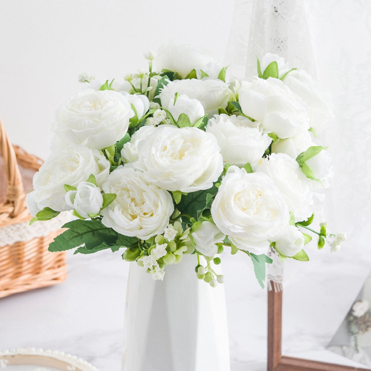2 Bunches Artificial Peonies Romantic Vivid 6cm Diameter Attractive Decorative Light Weight Faux Peonies Decoration White