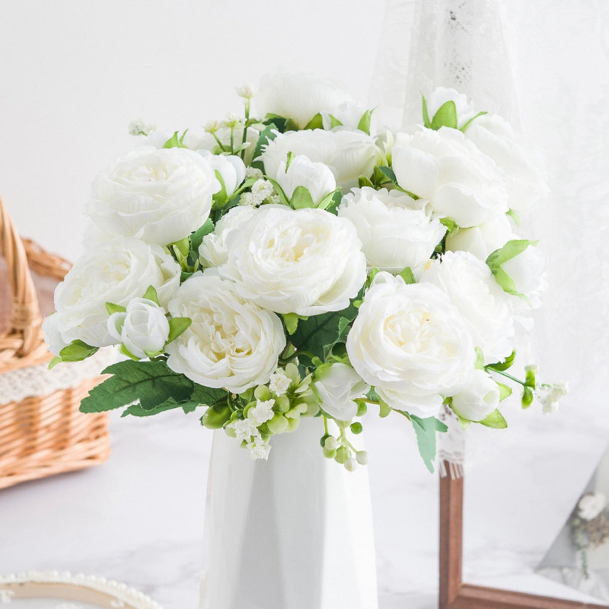 2 Bunches Artificial Peonies Romantic Vivid 6cm Diameter Attractive Decorative Light Weight Faux Peonies Decoration White