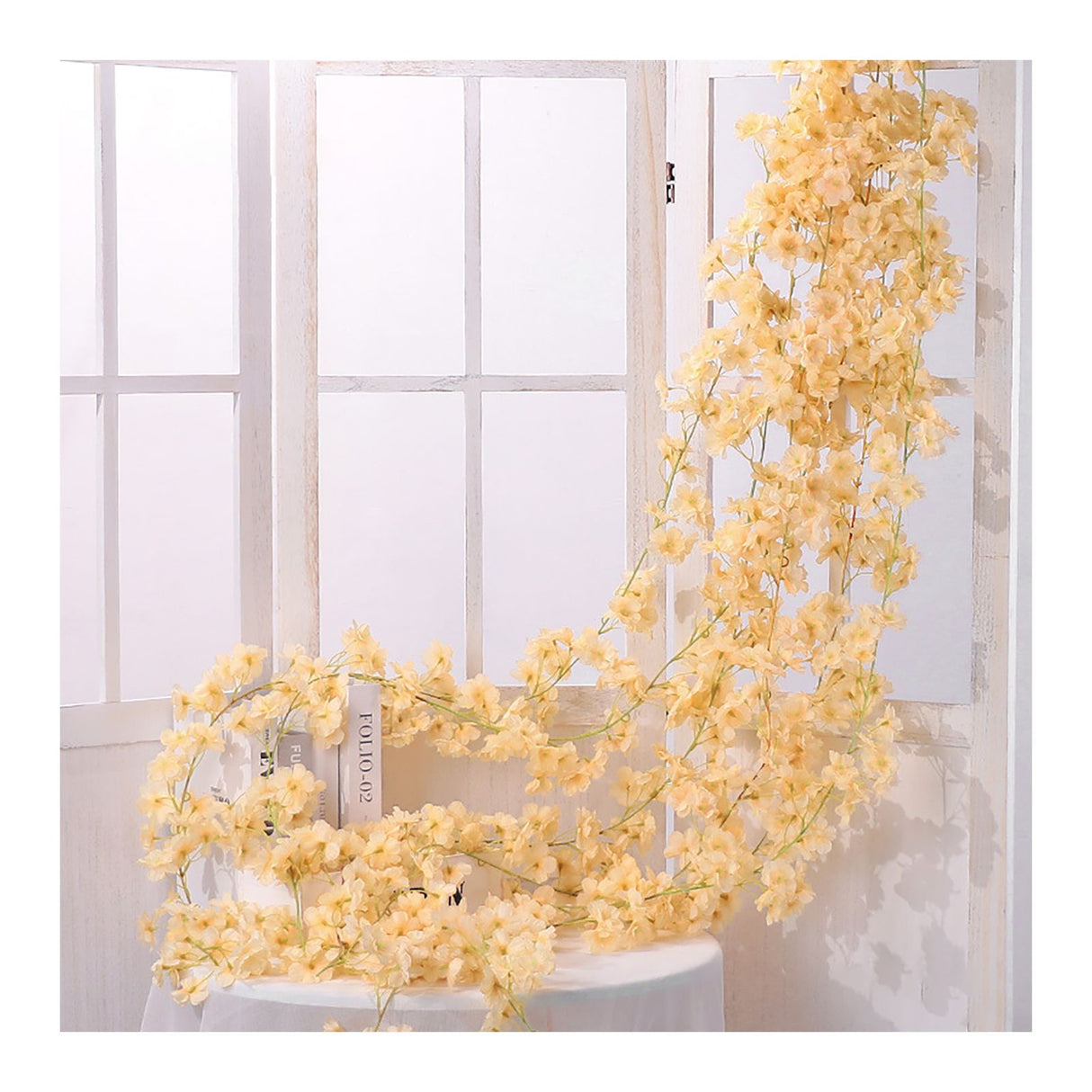 Artificial Flower Rattan Single 1.8m 135pcs Flowers Head Vivid Decorative Silk Plastic Hanging Fake Rattan for Decoration Champagne