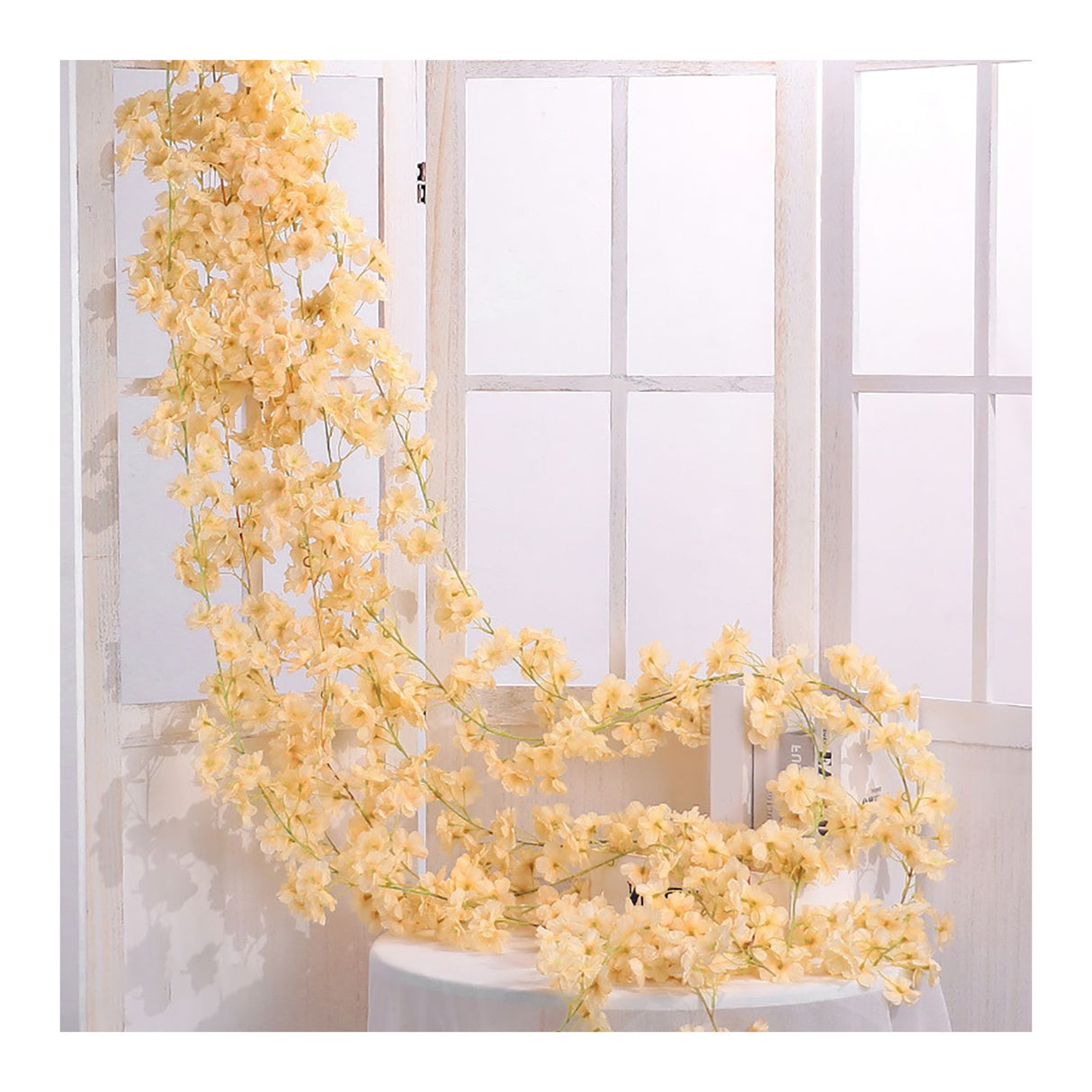 Artificial Flower Rattan Single 1.8m 135pcs Flowers Head Vivid Decorative Silk Plastic Hanging Fake Rattan for Decoration Champagne
