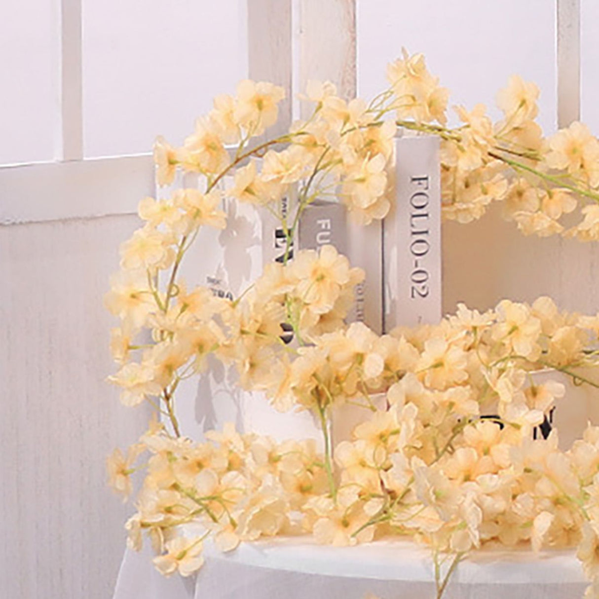 Artificial Flower Rattan Single 1.8m 135pcs Flowers Head Vivid Decorative Silk Plastic Hanging Fake Rattan for Decoration Champagne