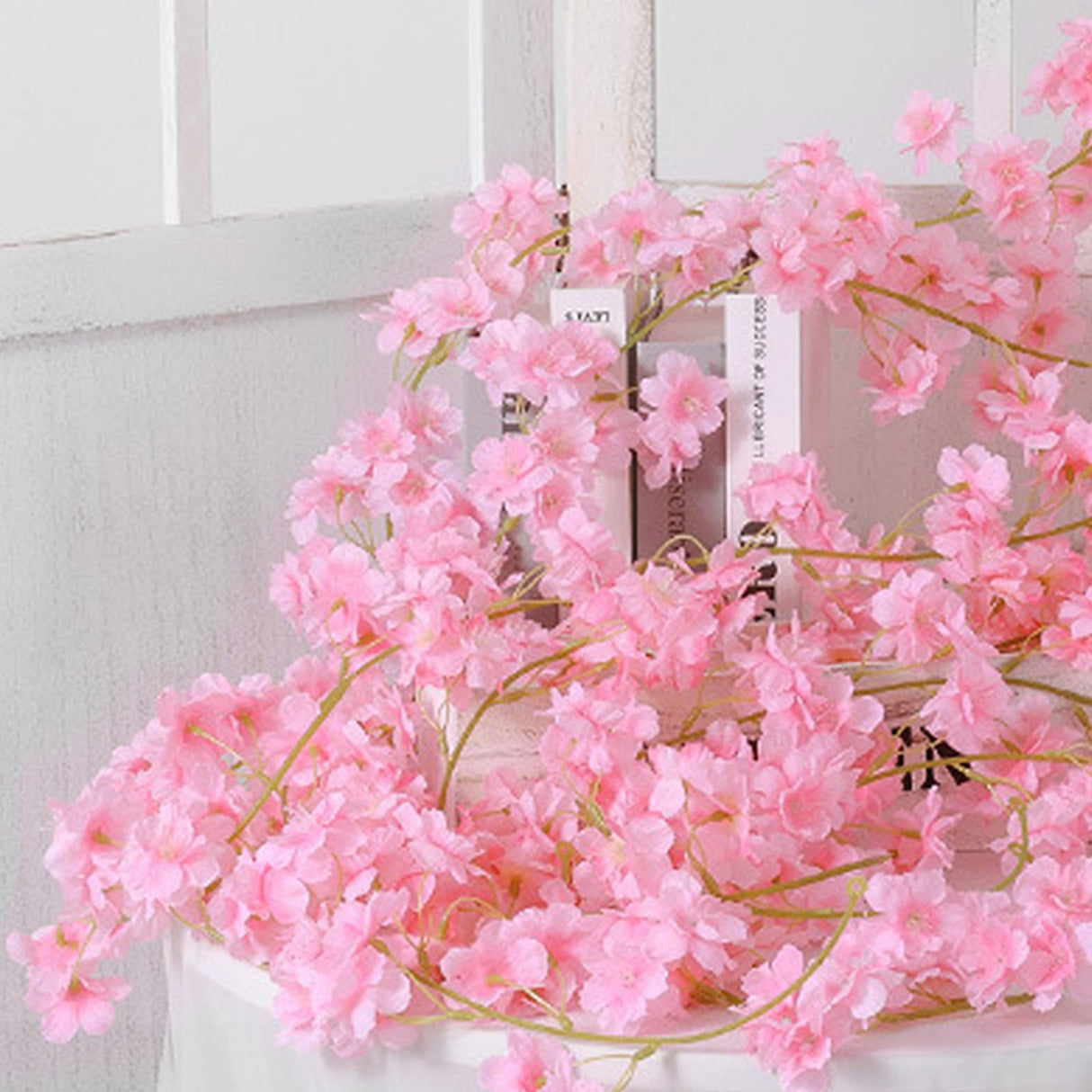 Artificial Flower Rattan Single 1.8m 135pcs Flowers Head Vivid Decorative Silk Plastic Hanging Fake Rattan for Decoration Light Pink