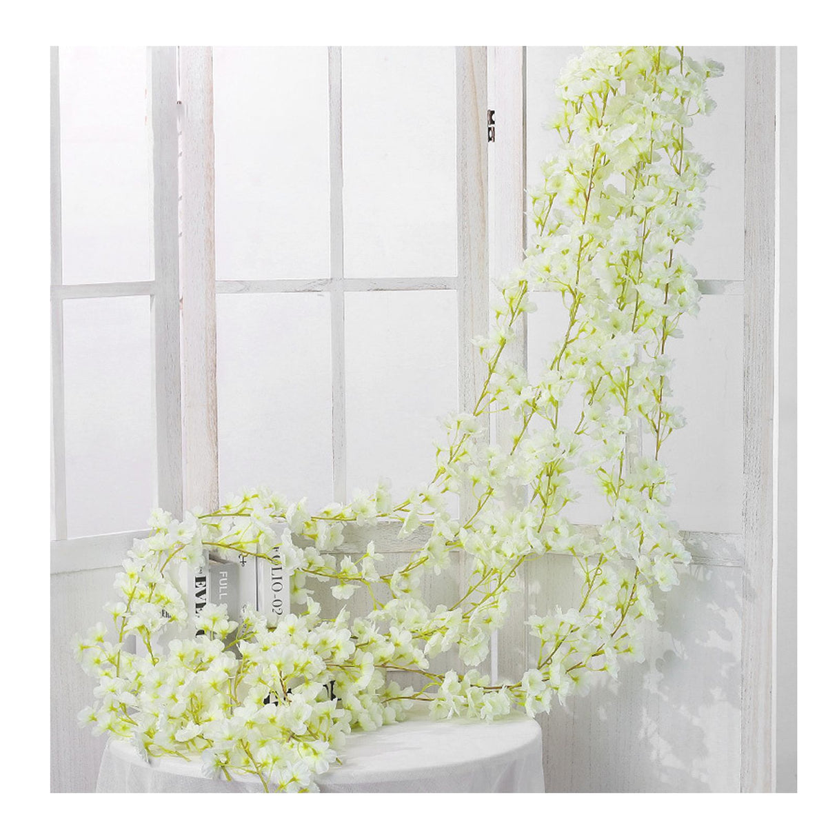 Artificial Flower Rattan Single 1.8m 135pcs Flowers Head Vivid Decorative Silk Plastic Hanging Fake Rattan for Decoration White