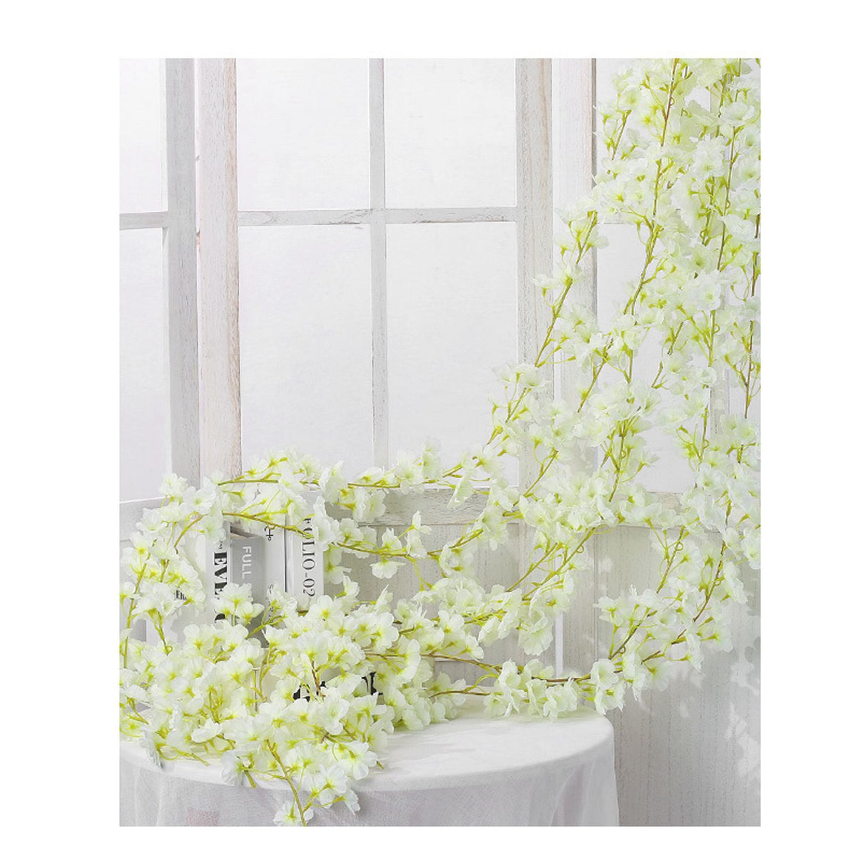 Artificial Flower Rattan Single 1.8m 135pcs Flowers Head Vivid Decorative Silk Plastic Hanging Fake Rattan for Decoration White