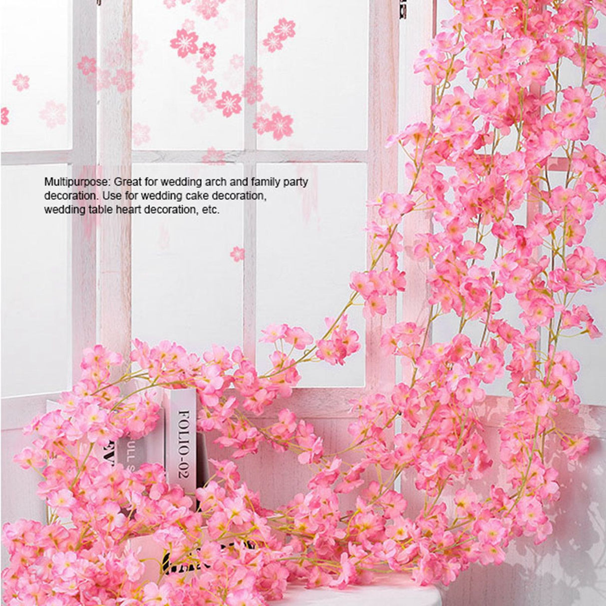 1.8m 256 Simulated Artificial Sakura Flower Garland Hanging Vines for Spring Home Room Wedding Party Decor Dark Pink