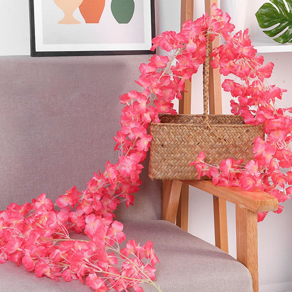 1.8m 256 Simulated Artificial Sakura Flower Garland Hanging Vines for Spring Home Room Wedding Party Decor Rose Red