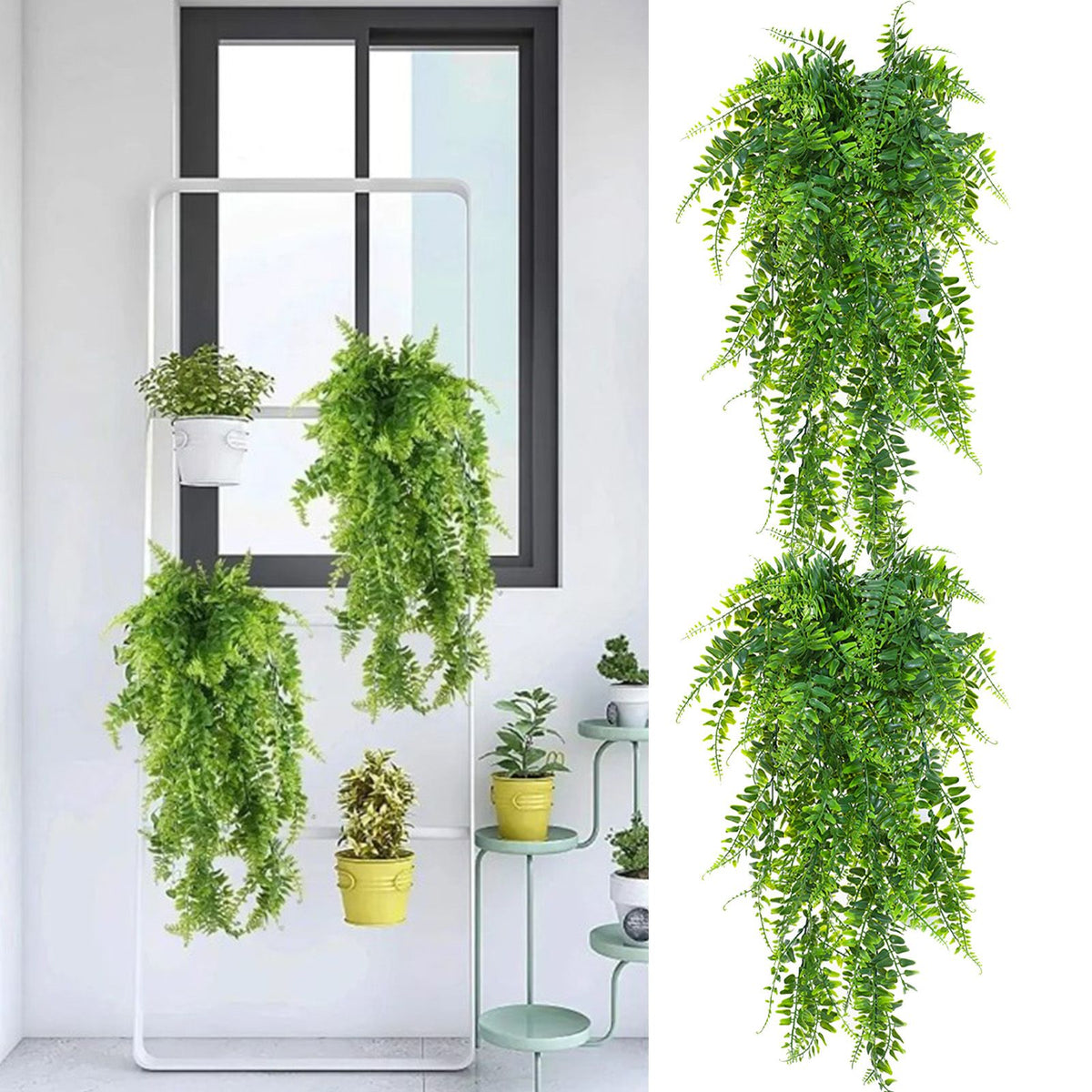 2pcs Artificial Hanging Plants Fern Plastic Green Fake Wall Hanging Ferns Plants for Garden Wedding Decoration