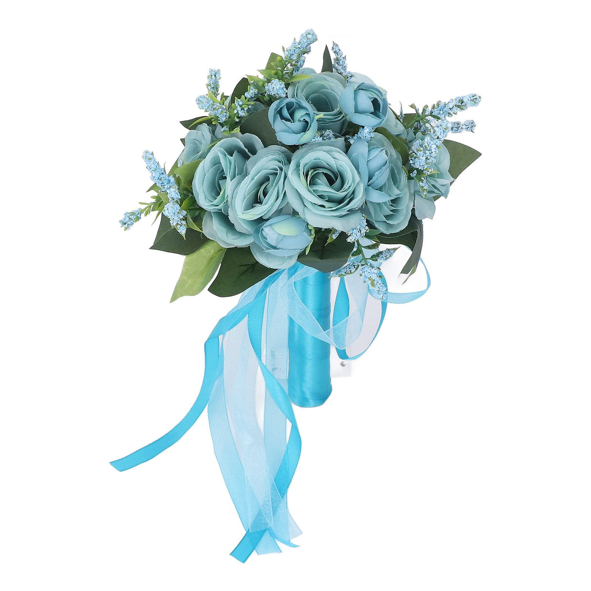 Wedding Bouquet Simulation Artificial Rose Lifelike Green Leaves Modern Elegant Rose for Wedding Church Home Decor Lake Blue