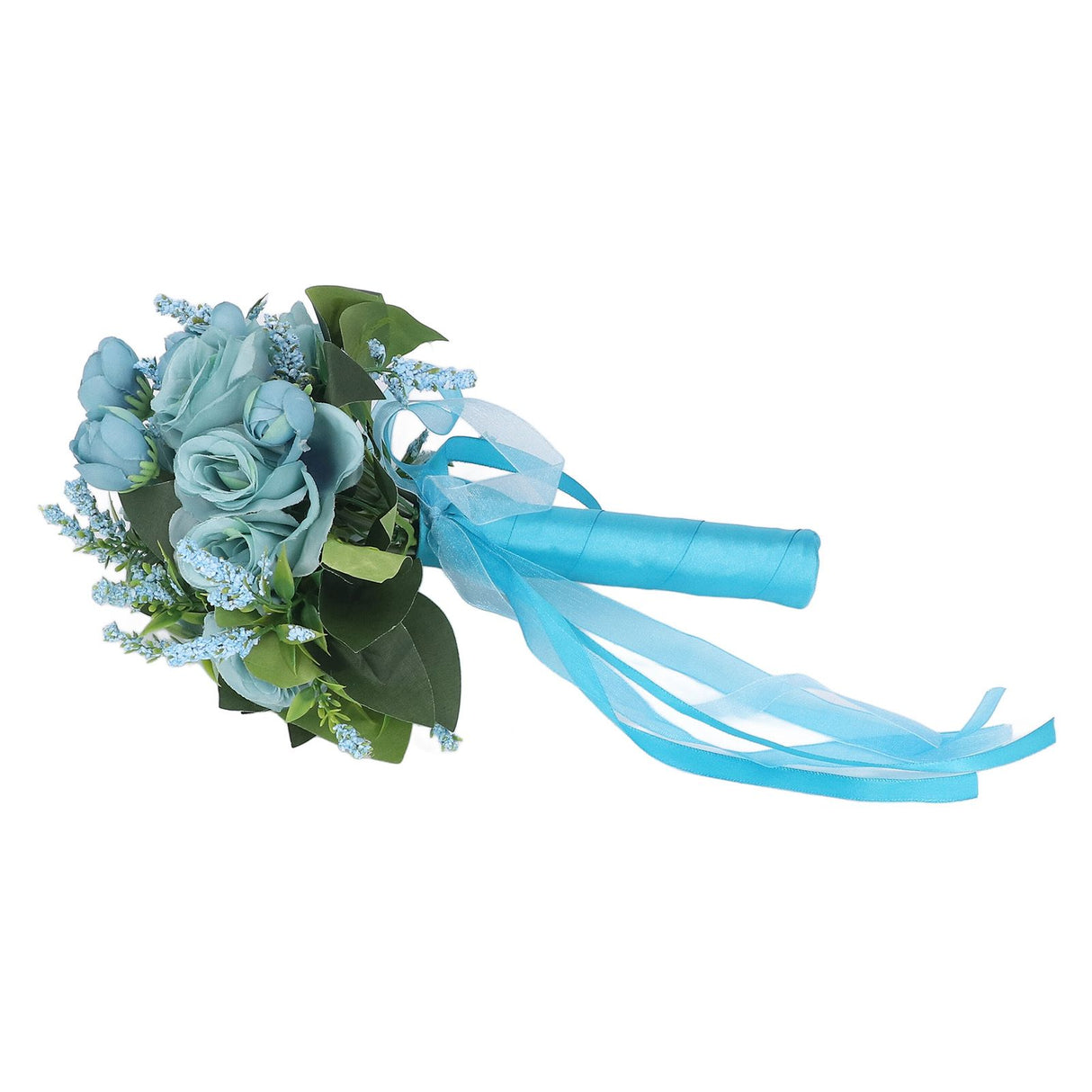 Wedding Bouquet Simulation Artificial Rose Lifelike Green Leaves Modern Elegant Rose for Wedding Church Home Decor Lake Blue