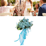 Wedding Bouquet Simulation Artificial Rose Lifelike Green Leaves Modern Elegant Rose for Wedding Church Home Decor Lake Blue