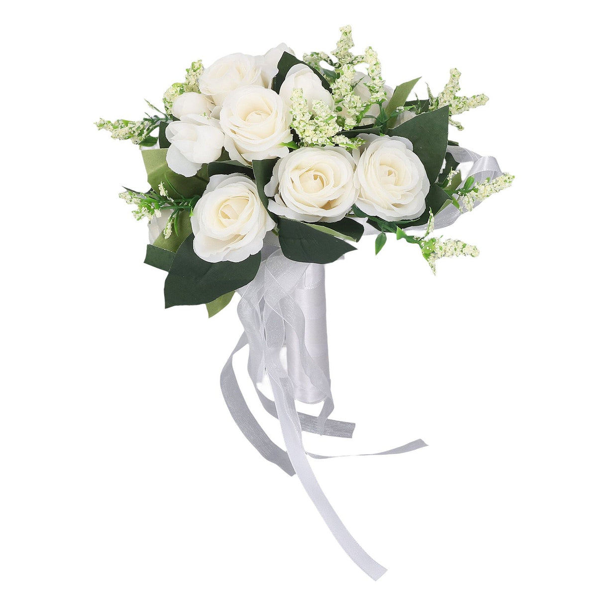 Wedding Bouquet Simulation Artificial Rose Lifelike Green Leaves Modern Elegant Rose for Wedding Church Home Decor Milky White