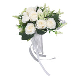 Wedding Bouquet Simulation Artificial Rose Lifelike Green Leaves Modern Elegant Rose for Wedding Church Home Decor Milky White - 45-Degree Angle
