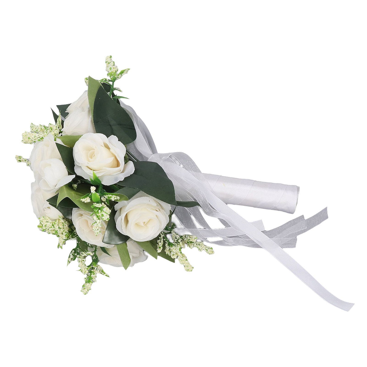 Wedding Bouquet Simulation Artificial Rose Lifelike Green Leaves Modern Elegant Rose for Wedding Church Home Decor Milky White
