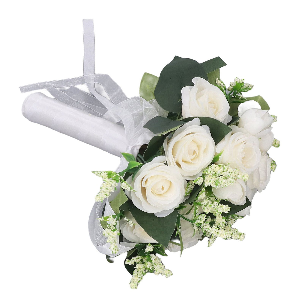 Wedding Bouquet Simulation Artificial Rose Lifelike Green Leaves Modern Elegant Rose for Wedding Church Home Decor Milky White